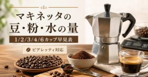 【一覧表】ビアレッティ・マキネッタの豆と水の量は？1/2/3/4/6カップの分量をすぐ確認