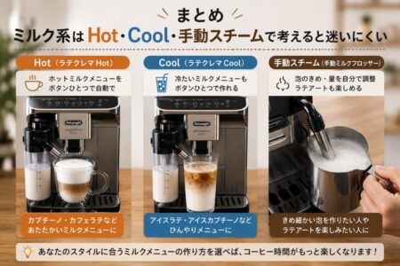 まとめ｜ミルク系はHot・Cool・手動スチームで考えると迷いにくい