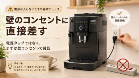 デロンギの電源プラグを壁コンセントに直接差して確認するイメージ