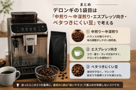 まとめ|デロンギの1袋目は「中煎り〜中深煎り・エスプレッソ向き・ベタつきにくい豆」で考える