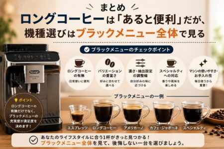 まとめ｜ロングコーヒーは「あると便利」だが、機種選びはブラックメニュー全体で見る