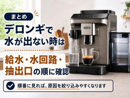 まとめ｜デロンギで水が出ない時は、給水・水回路・抽出口の順に確認しましょう