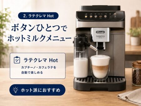 ラテクレマ搭載のデロンギ全自動コーヒーマシンで、カプチーノやカフェラテが自動で注がれている写真風画像