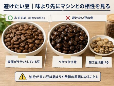 左に表面が自然な焙煎豆、右にテカテカした油分の多い豆とフレーバー加工豆を並べた比較写真風画像