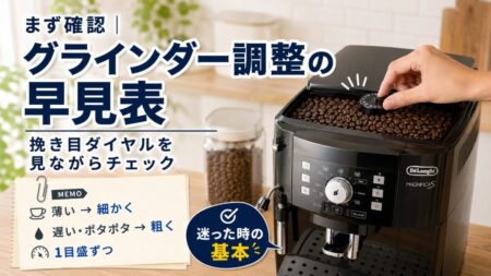 デロンギ全自動コーヒーマシンの豆ホッパー部分と、挽き目ダイヤルを見ながらチェックしている写真風画像