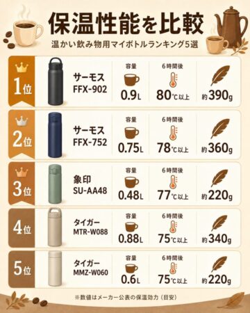 保温性能が高いマイボトル5選の容量・保温効力・重量比較