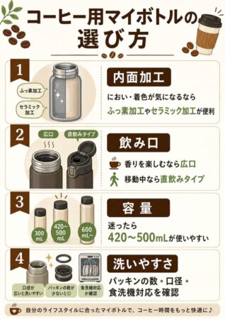 コーヒー用マイボトルの選び方｜内面加工・飲み口・容量・洗いやすさ