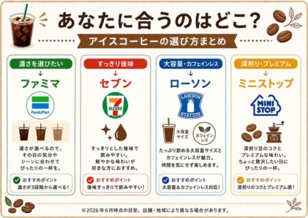 コンビニ4社のアイスコーヒー比較早見表