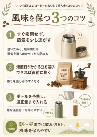 マイボトルのコーヒーの風味を保つ蒸気・豆・予熱の3つのコツ