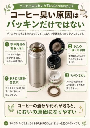 マイボトルがコーヒー臭くなる本体内側・ふた・パッキン・飲み口の汚れ