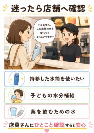 持参した水筒を店内で飲む場合は、店舗へ確認が安心