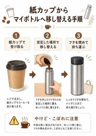 紙カップで受け取り→安定した場所で移す→フタを閉める