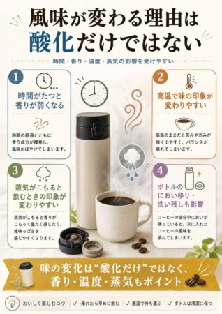 マイボトルのコーヒーの風味が変わる原因｜時間・温度・蒸気・におい移り