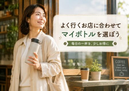 通勤や買い物帰りに、タンブラーを持ってテイクアウトコーヒーを楽しむ写真風画像