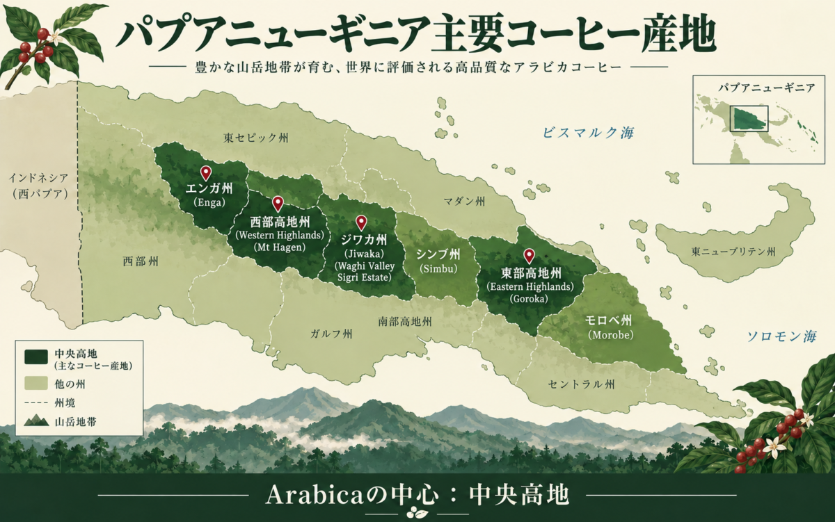 パプアニューギニアの主要コーヒー産地マップ