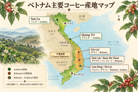 ベトナムコーヒーの主要産地とRobusta・Arabicaの分布