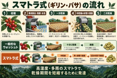 マンデリンのスマトラ式ギリンバサ精製方法の流れ