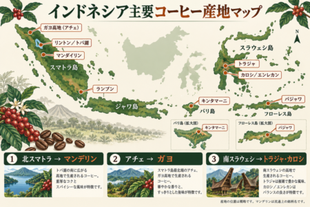 インドネシアの主要コーヒー産地マンデリン・ガヨ・トラジャ・カロシの位置